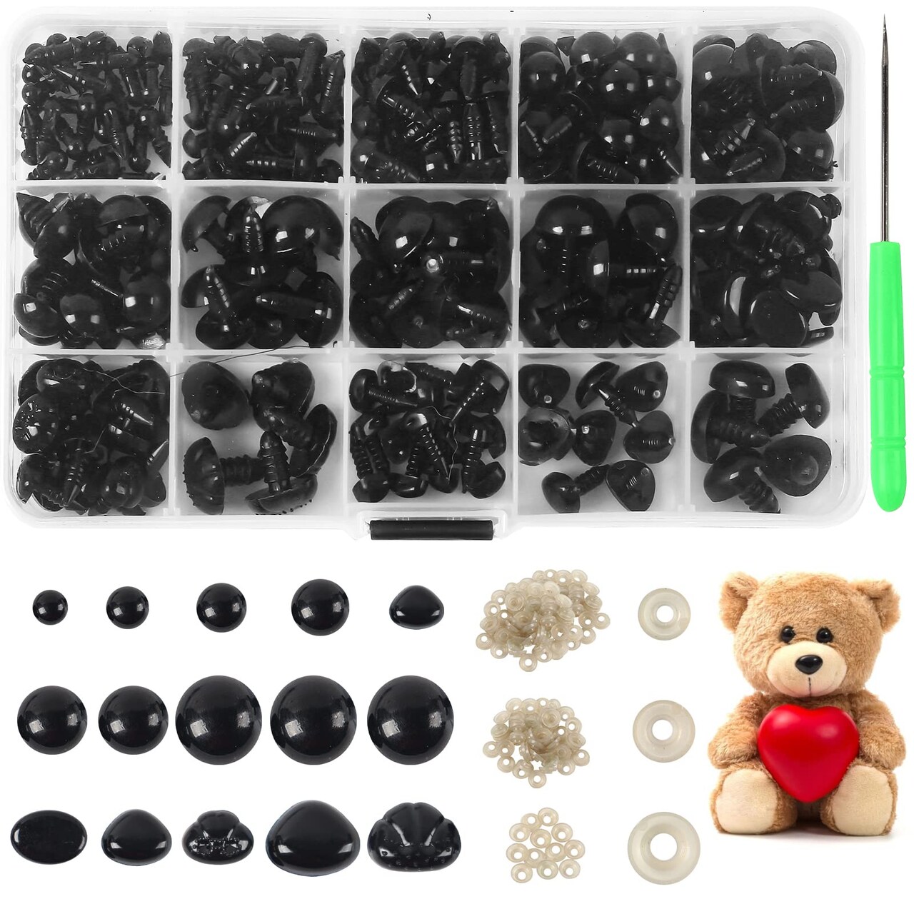 566PCS Safety Eyes and Noses for Amigurumi, Stuffed Crochet Eyes with Washers, Craft Doll Eyes and Nose for Teddy Bear, Crochet Toy, Stuffed Doll and Plush Animal (Various Sizes)& Organizer Storage Tote Bag